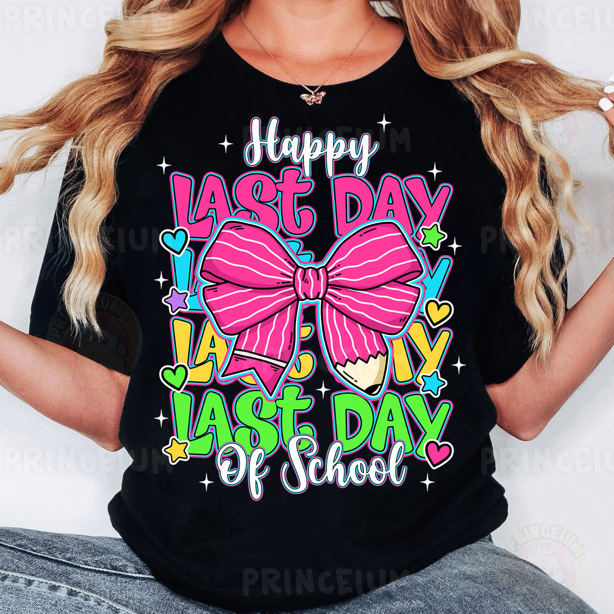 a woman wearing a happy last day last day of school tshirt