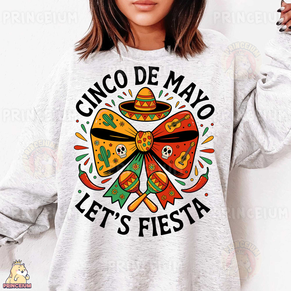 a woman wearing a sweatshirt that says cinco de mayo let's fiesta
