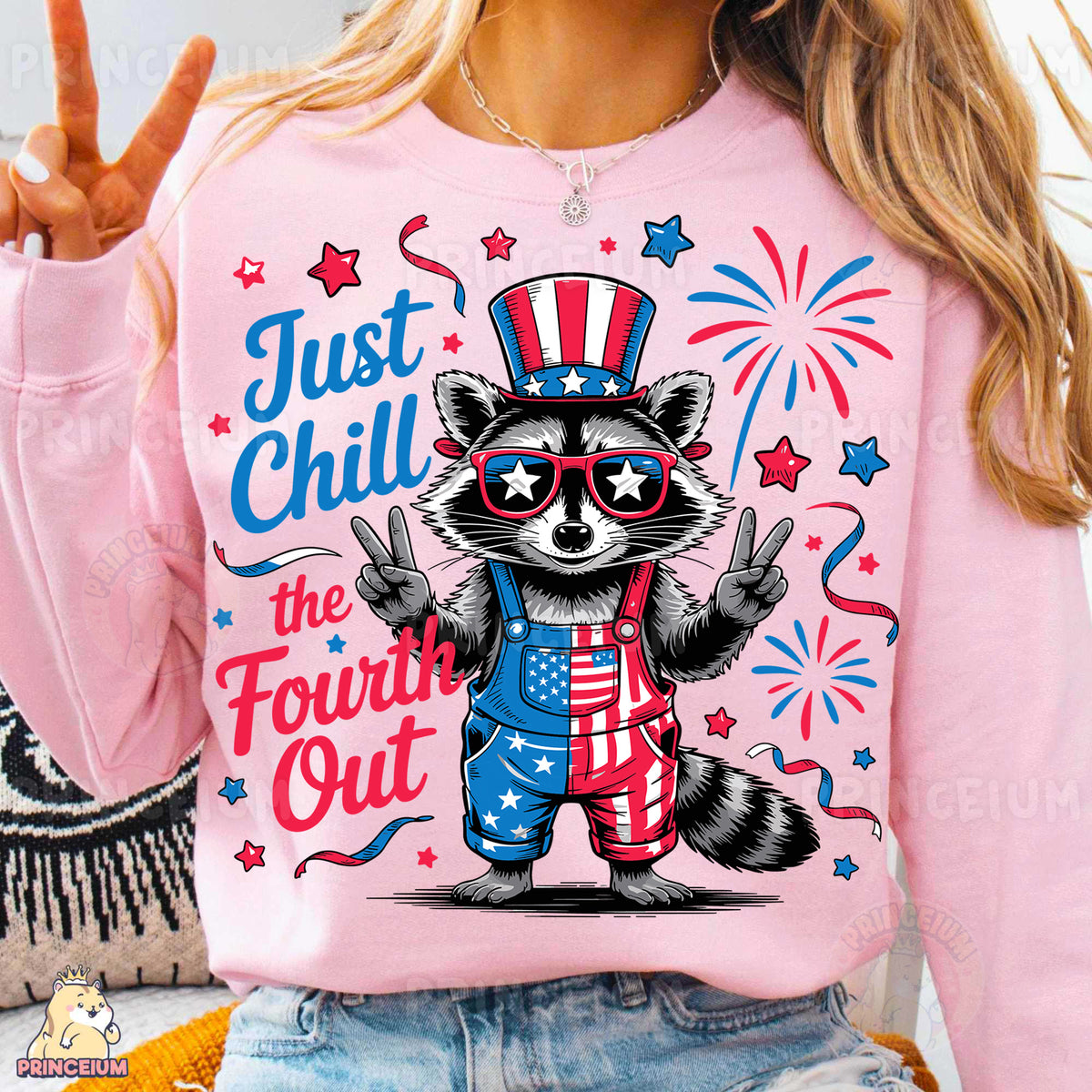 a woman wearing a pink shirt with a raccoon on it