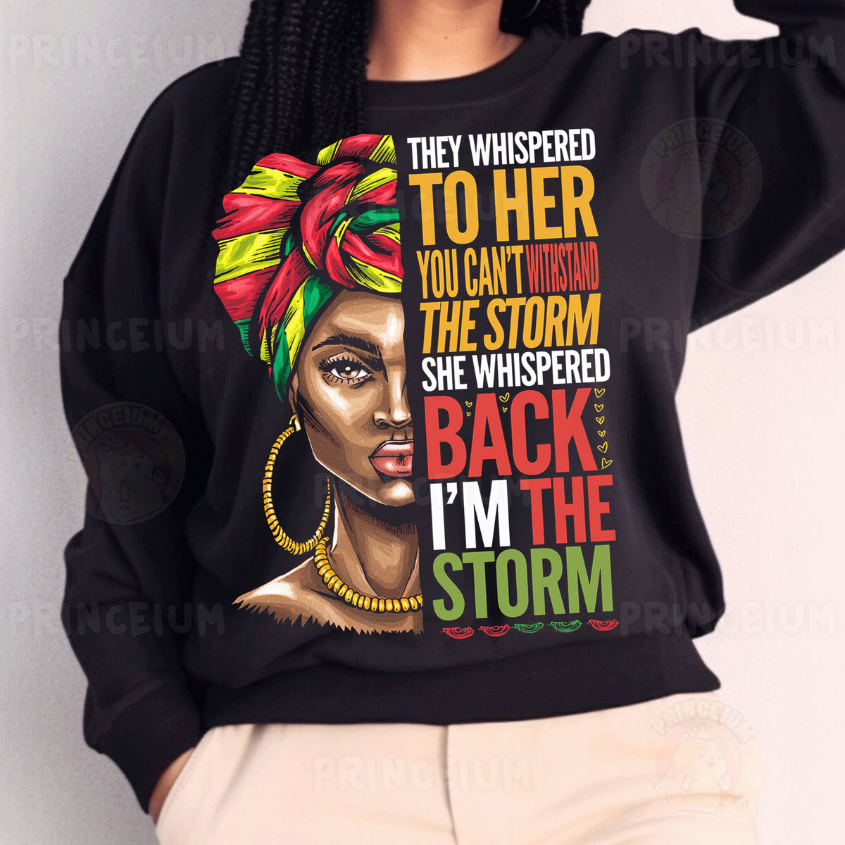 a woman wearing a black sweatshirt with the words, they whisper to her you can