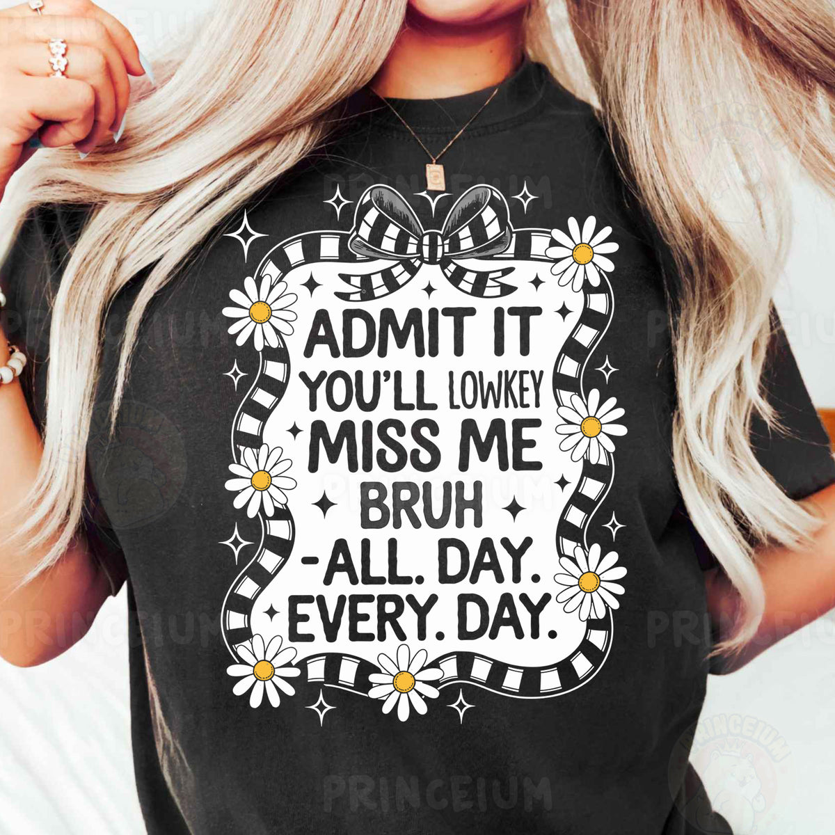 a woman wearing a black t - shirt that says, admit it you'll
