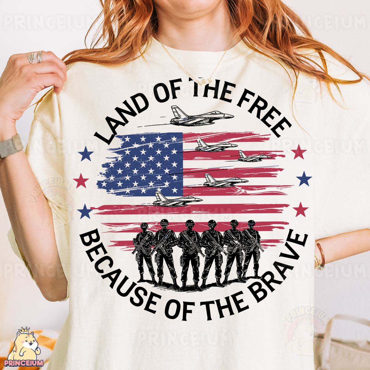 a woman wearing a t - shirt that says land of the free because of the