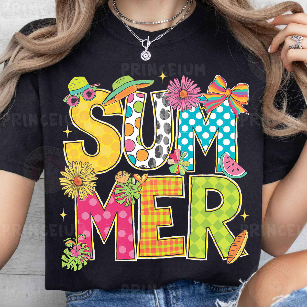 a woman wearing a black shirt that says summer