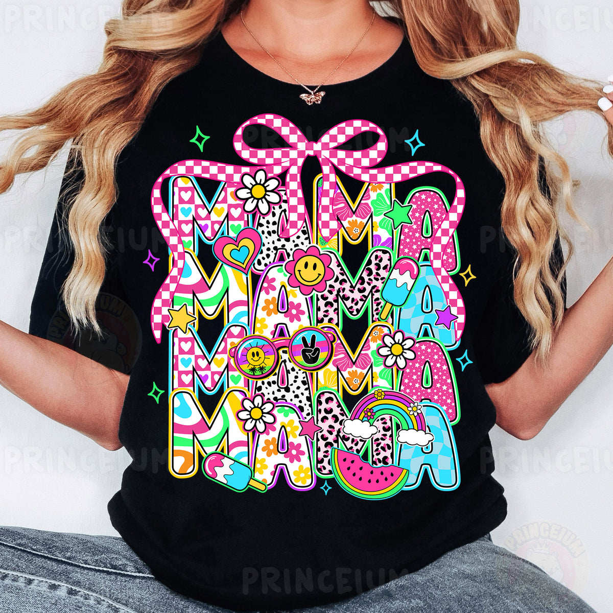 a woman wearing a black tshirt with a colorful design on it