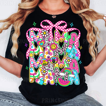 a woman wearing a black tshirt with a colorful design on it