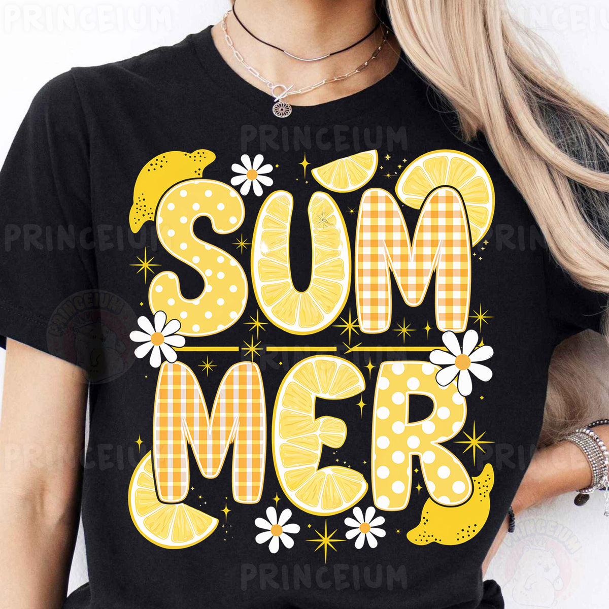 a woman wearing a black shirt that says summer