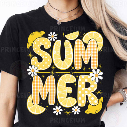 a woman wearing a black shirt that says summer