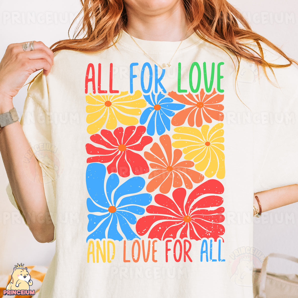 a woman wearing a t - shirt that says all for love and love for all