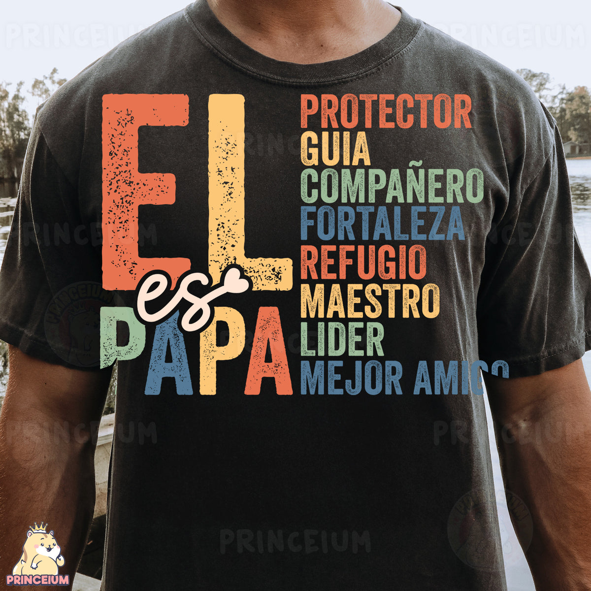a man wearing a black t - shirt with different languages on it
