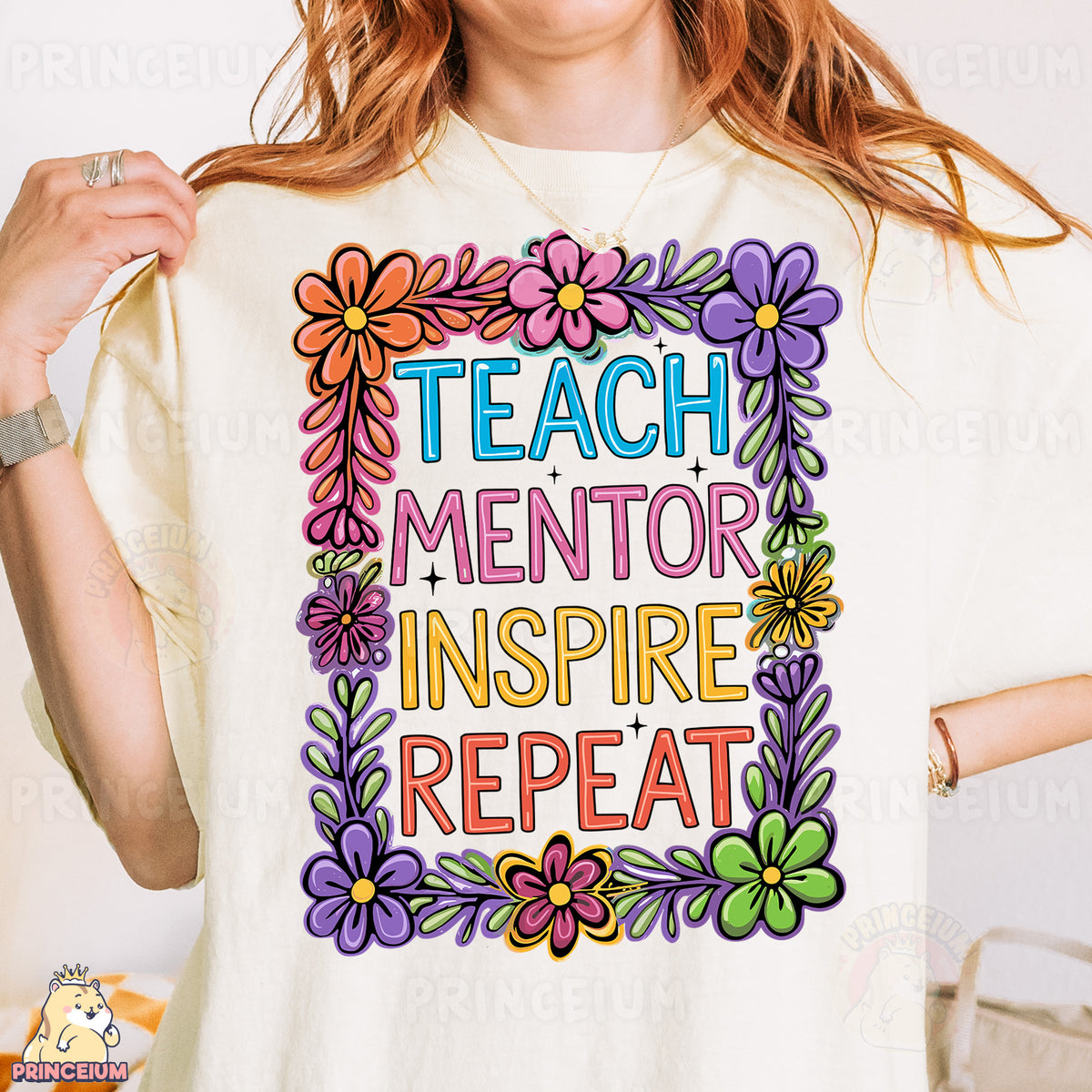 a woman wearing a t - shirt that says teach mentor inspire repeat