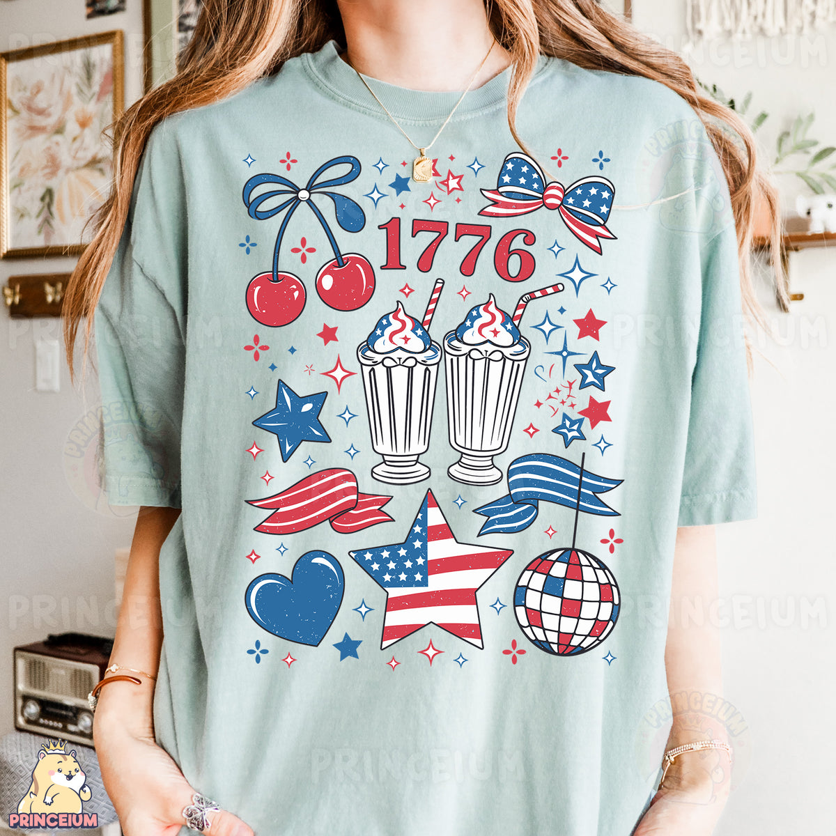 a woman wearing a t - shirt with a patriotic design