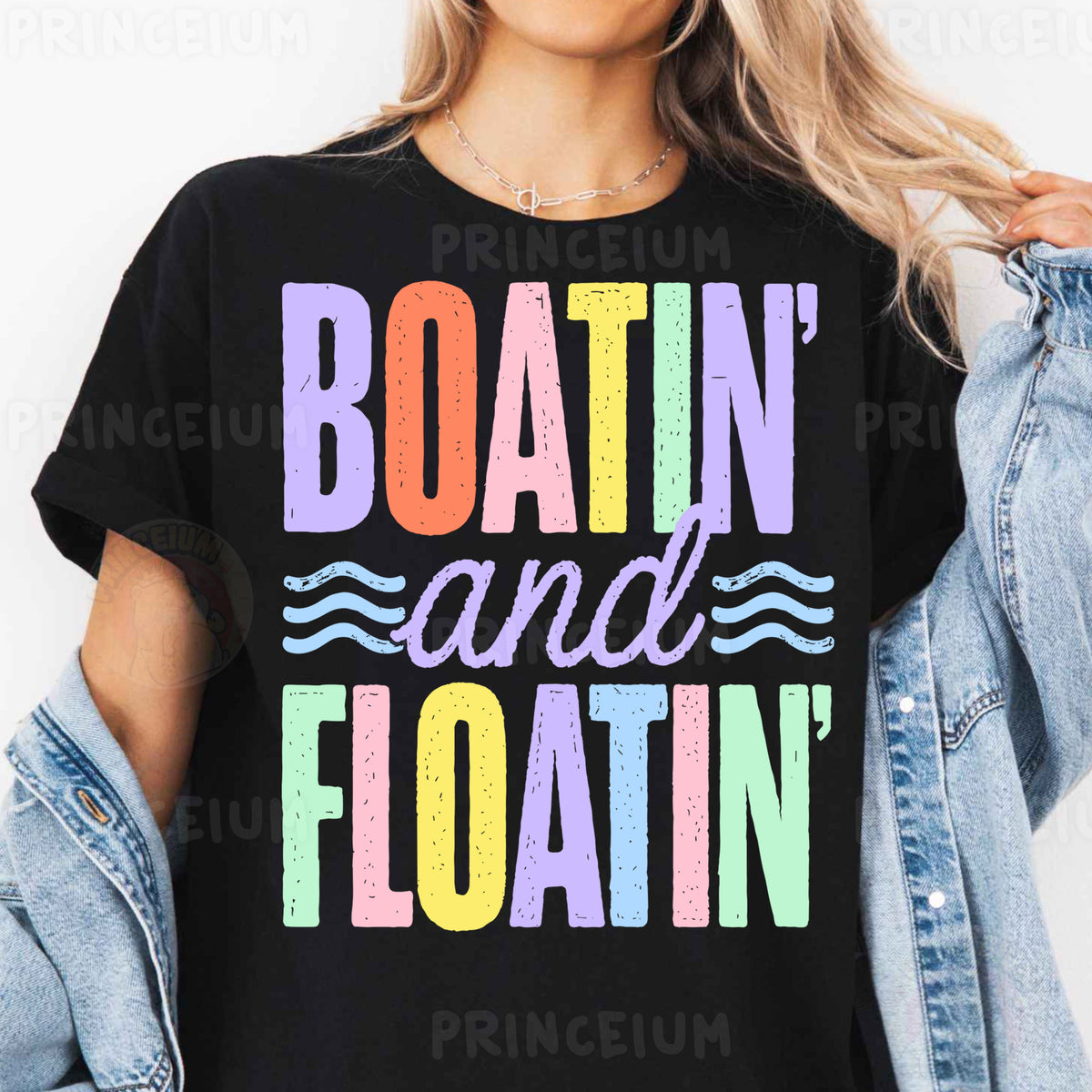 a woman wearing a black boatin and floatin shirt