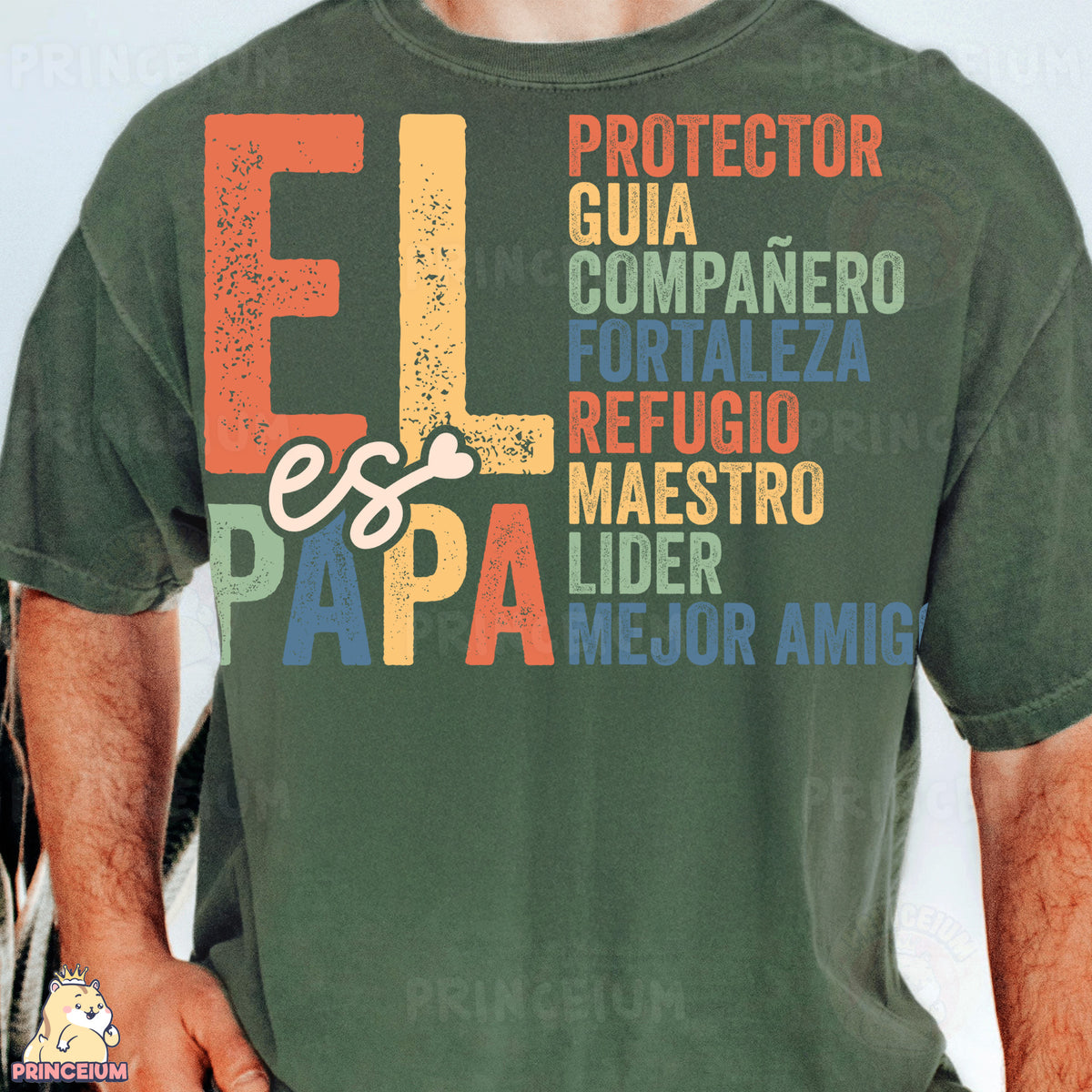 a man wearing a green shirt with a bunch of words on it