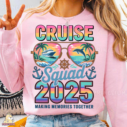 a woman wearing a pink cruise squad sweatshirt