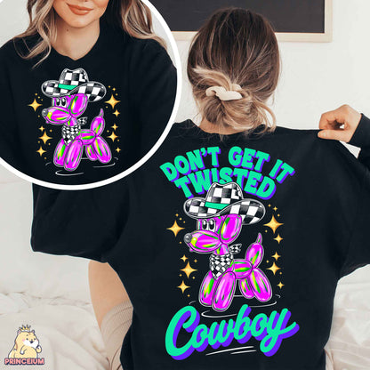 a woman wearing a black shirt that says don't get twisted cowboy