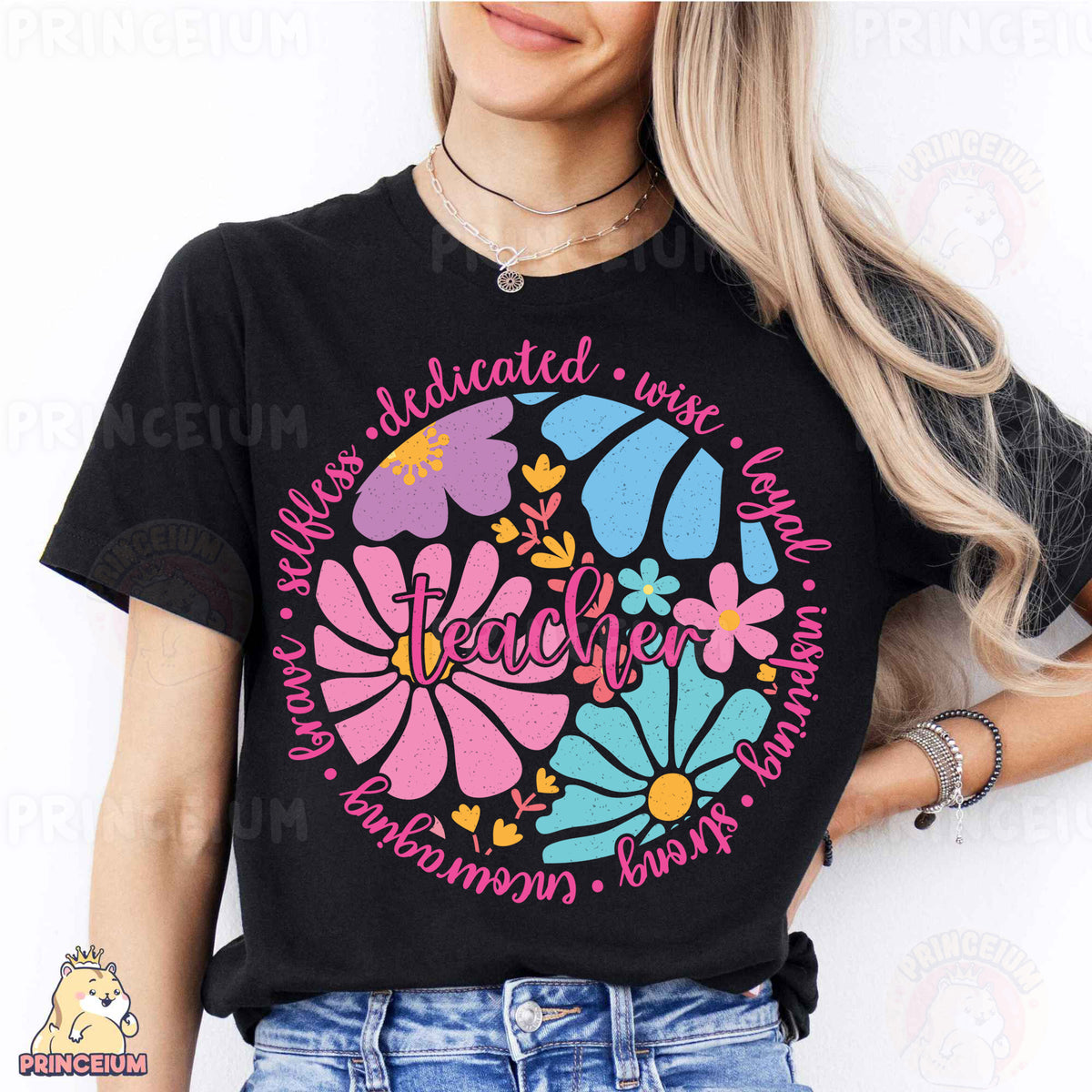a woman wearing a black t - shirt with colorful flowers on it
