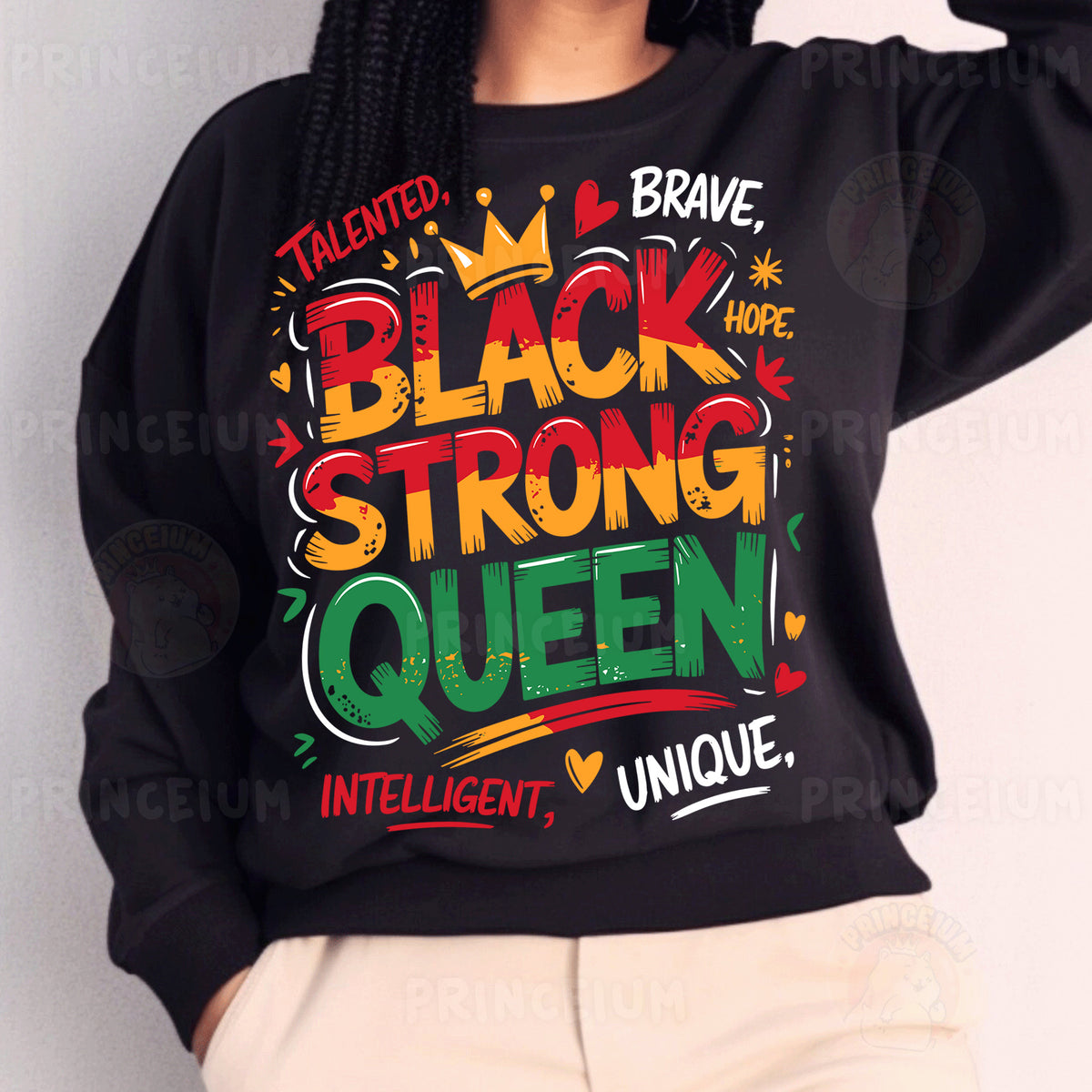 a woman wearing a black sweatshirt with the words black strong queen on it