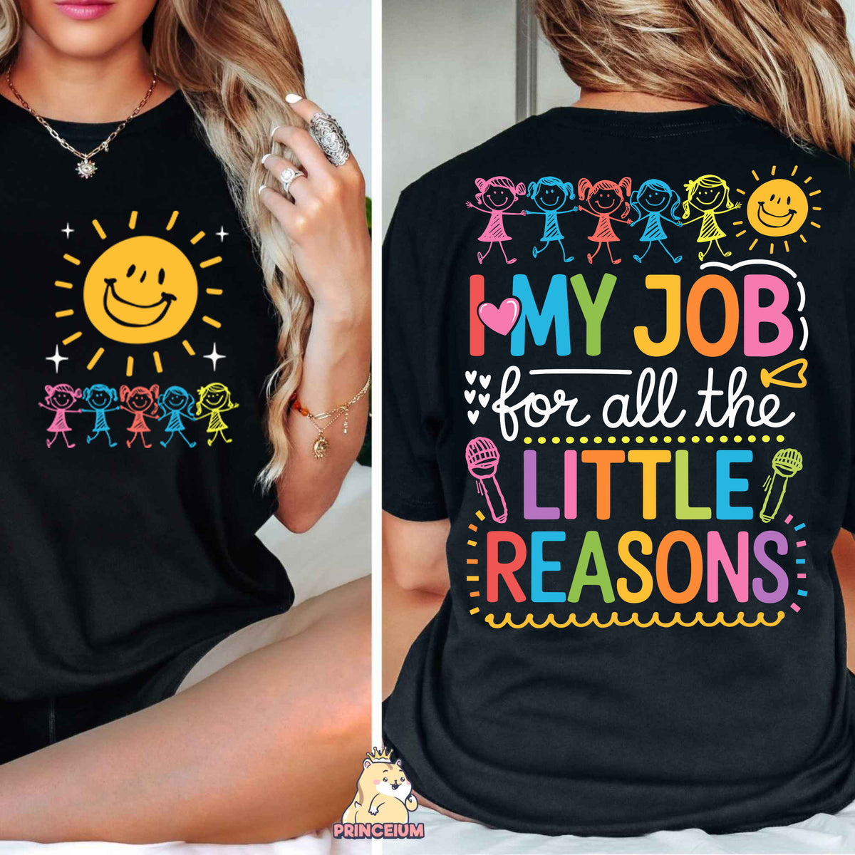 a woman wearing a t - shirt that says, my job for all the little