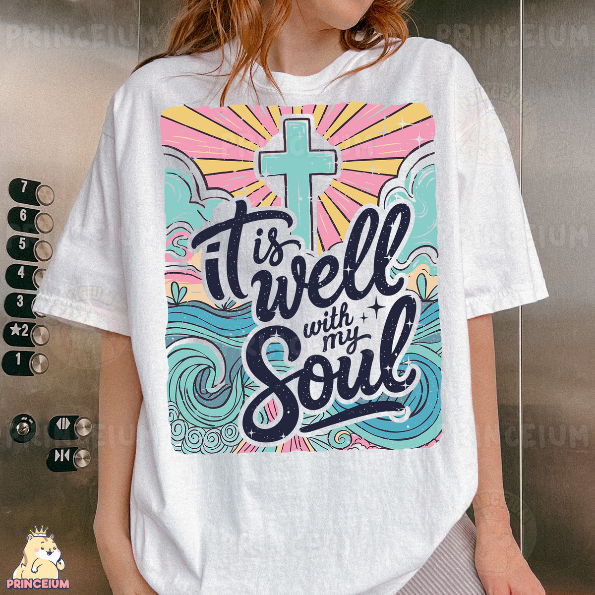 a woman wearing a t - shirt with a cross on it
