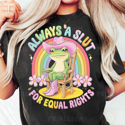 a woman wearing a black shirt with a frog on it