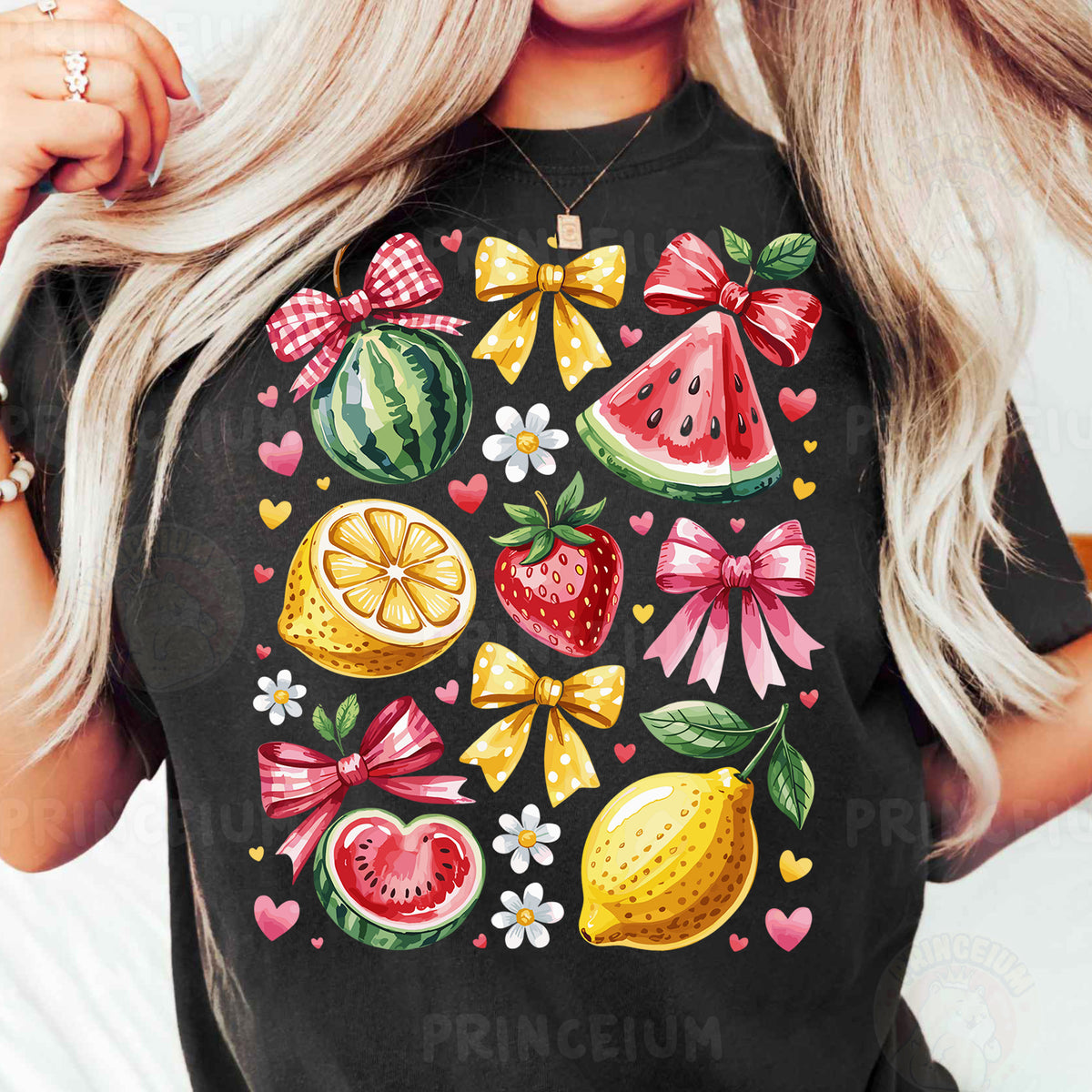 a woman wearing a black shirt with fruit and bows on it