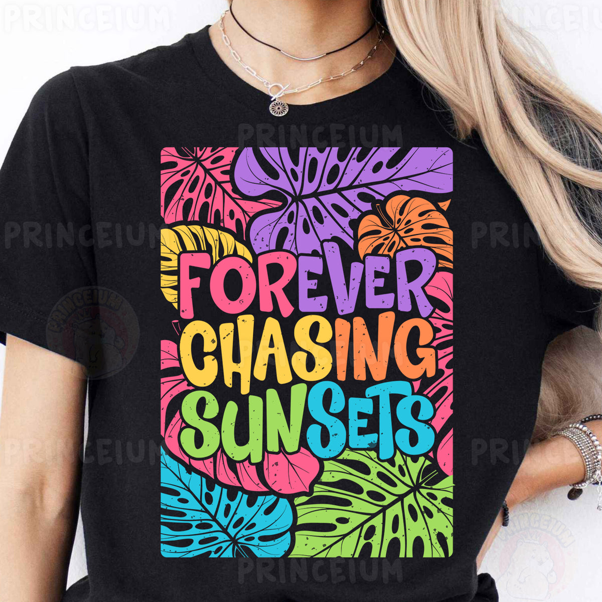 a woman wearing a t - shirt that says forever chasing sunsets
