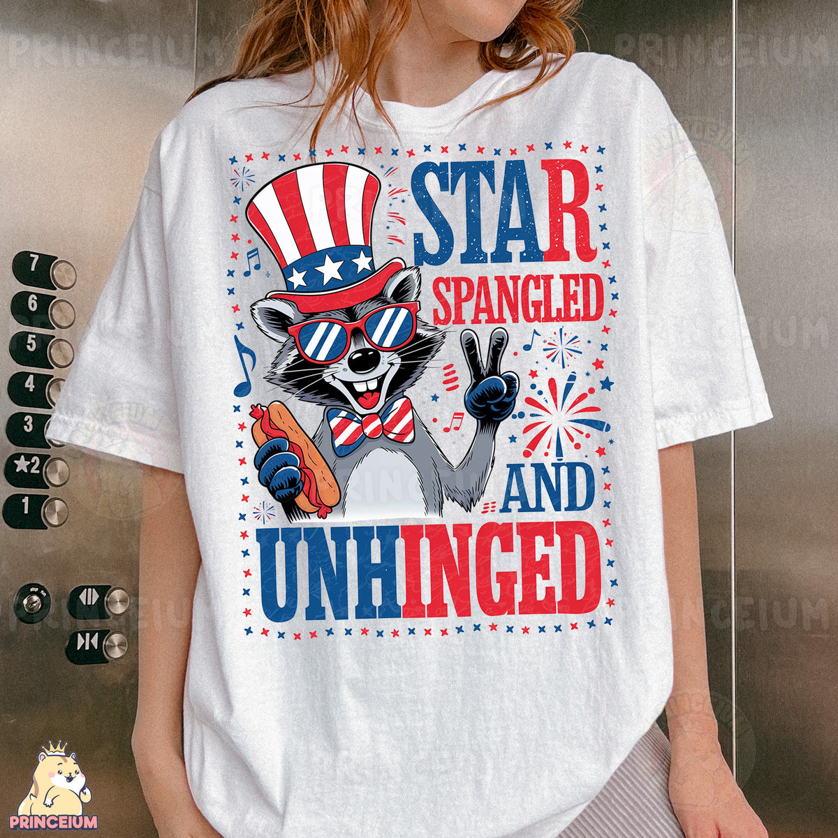 a woman wearing a star spangled and unhinged shirt