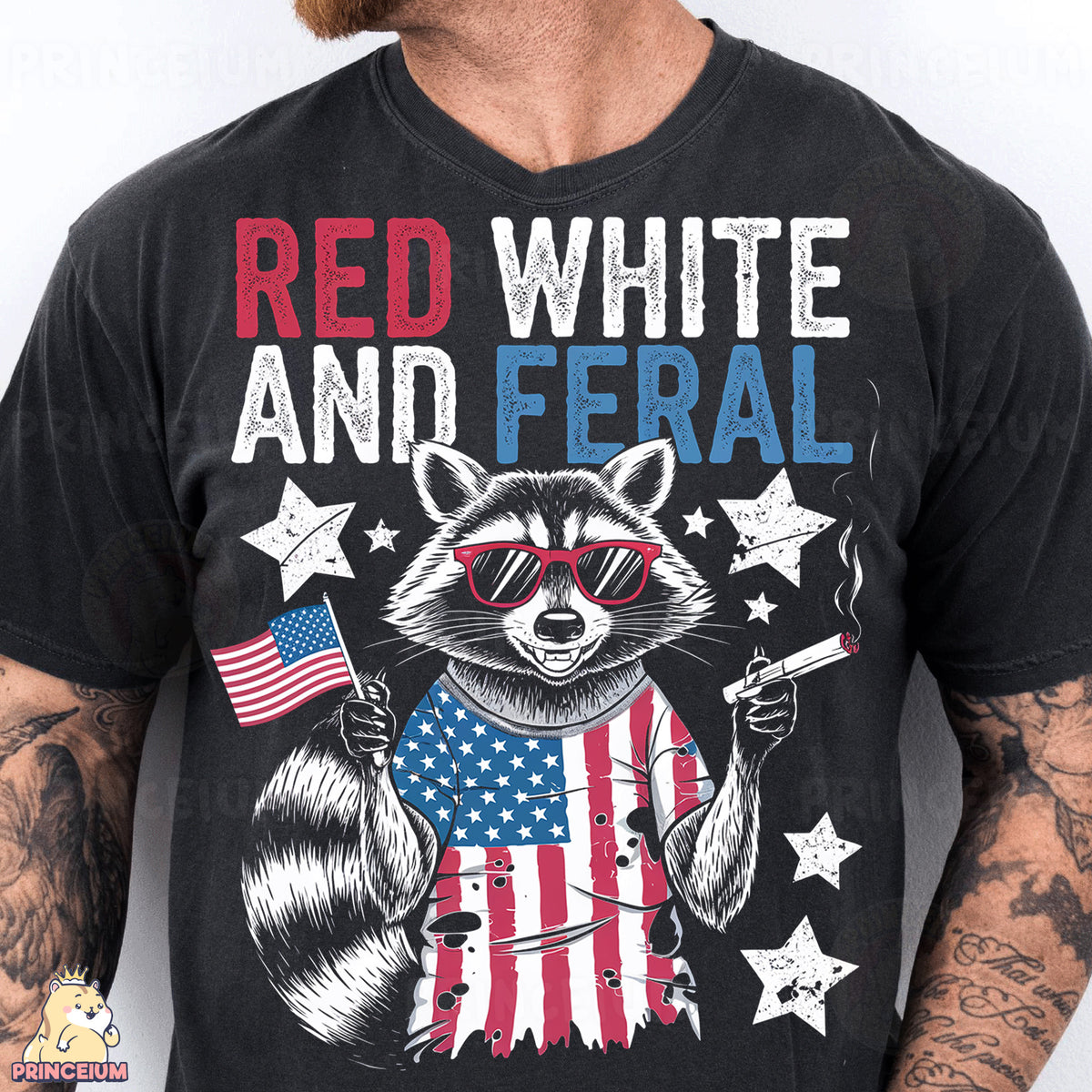 a man wearing a black shirt with a raccoon and american flag on it