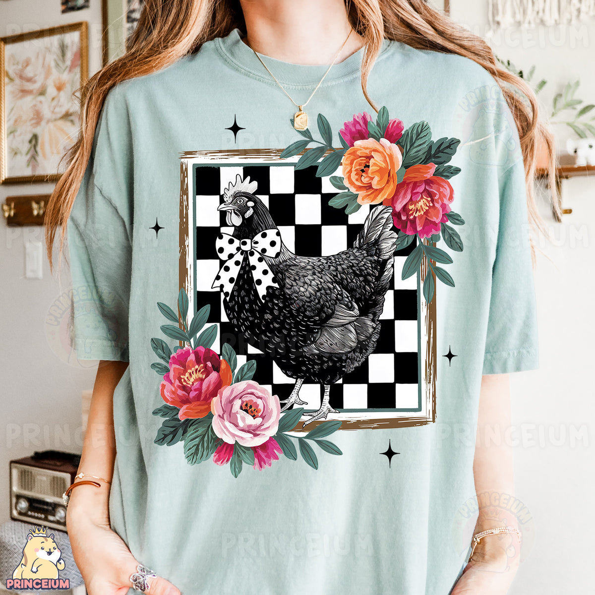 a woman wearing a t - shirt with a chicken on it