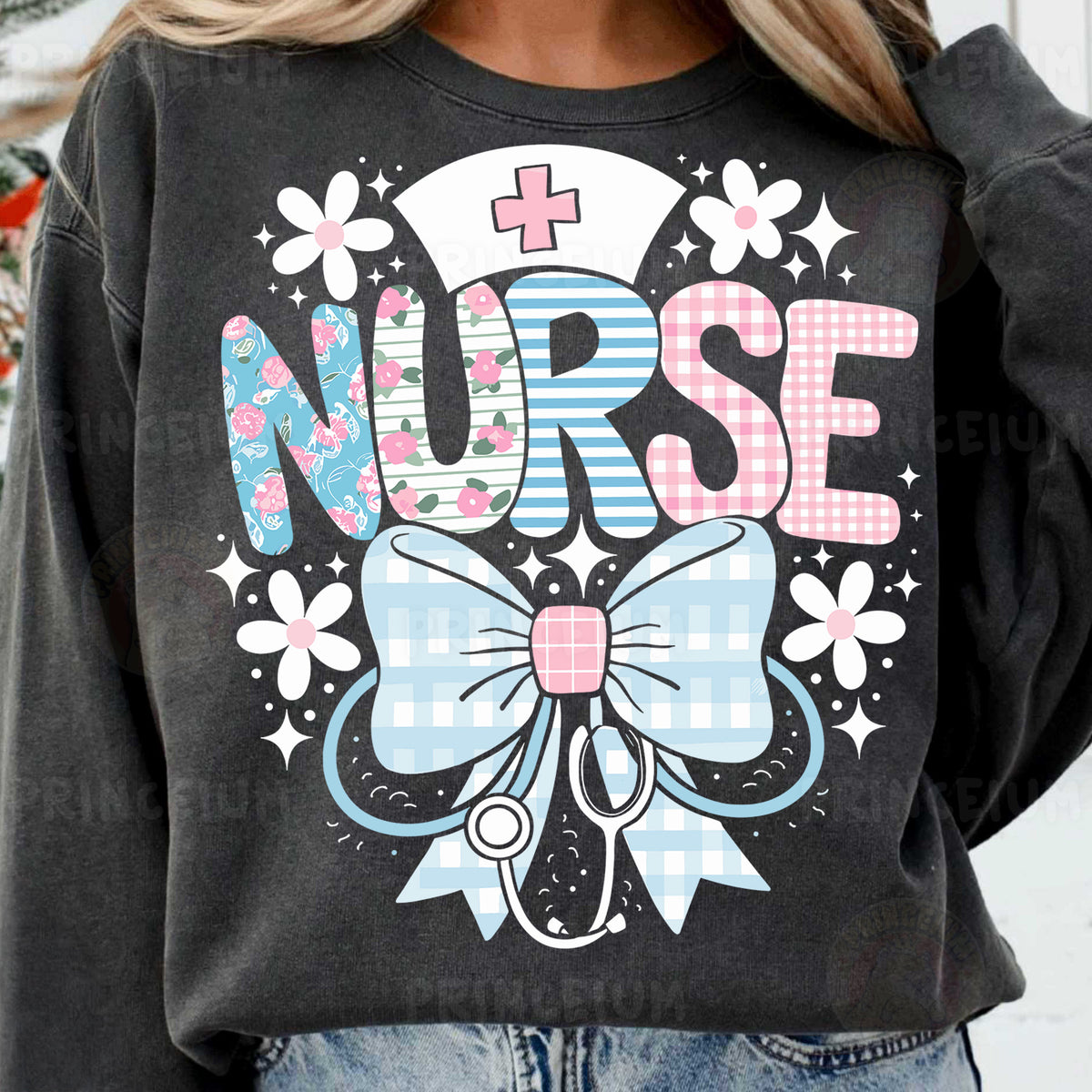 a woman wearing a black shirt with a nurse bow on it