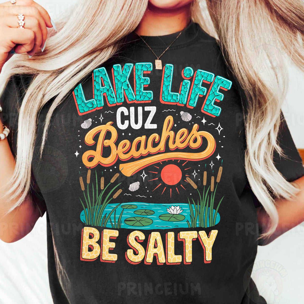 a woman wearing a lake life t - shirt