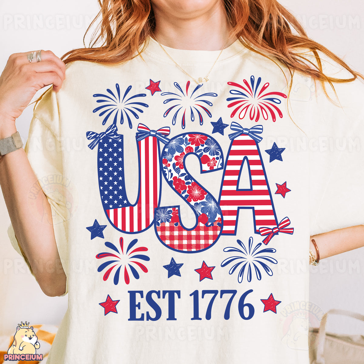 a woman wearing a usa t - shirt with fireworks in the background