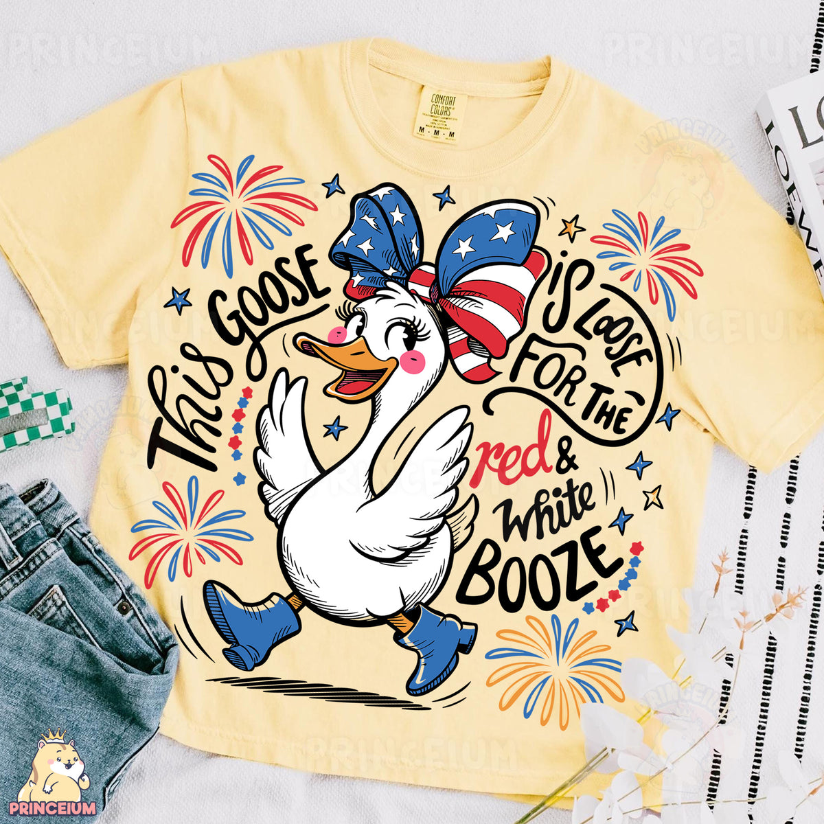 a t - shirt with a cartoon duck wearing a patriotic hat