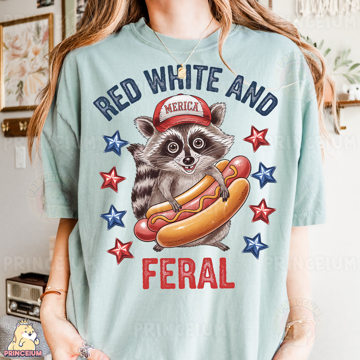 a woman wearing a red, white and blue shirt with a raccoon on