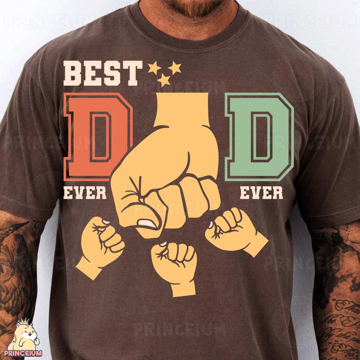a man wearing a brown t - shirt with the words best dad ever