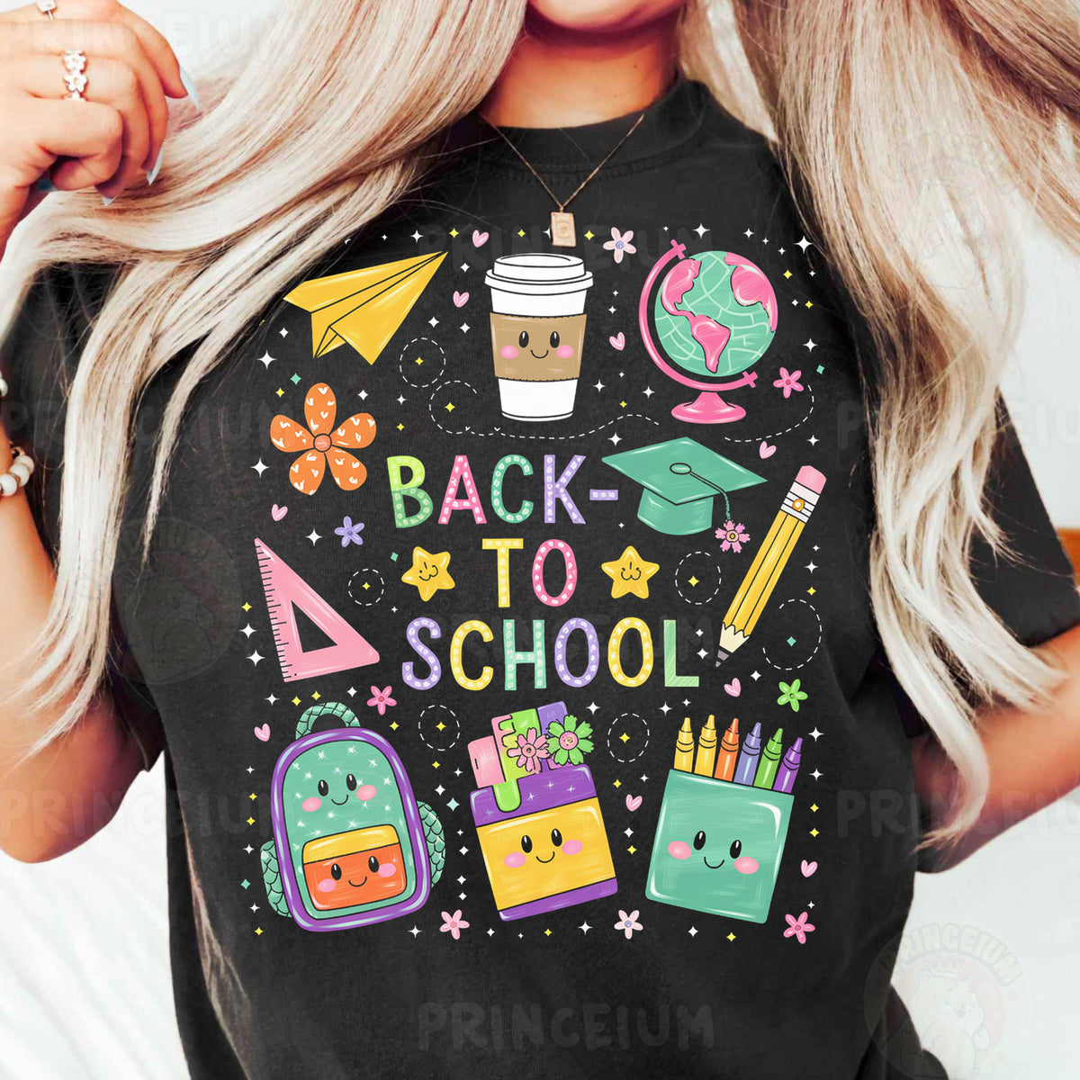 a woman wearing a black back to school shirt