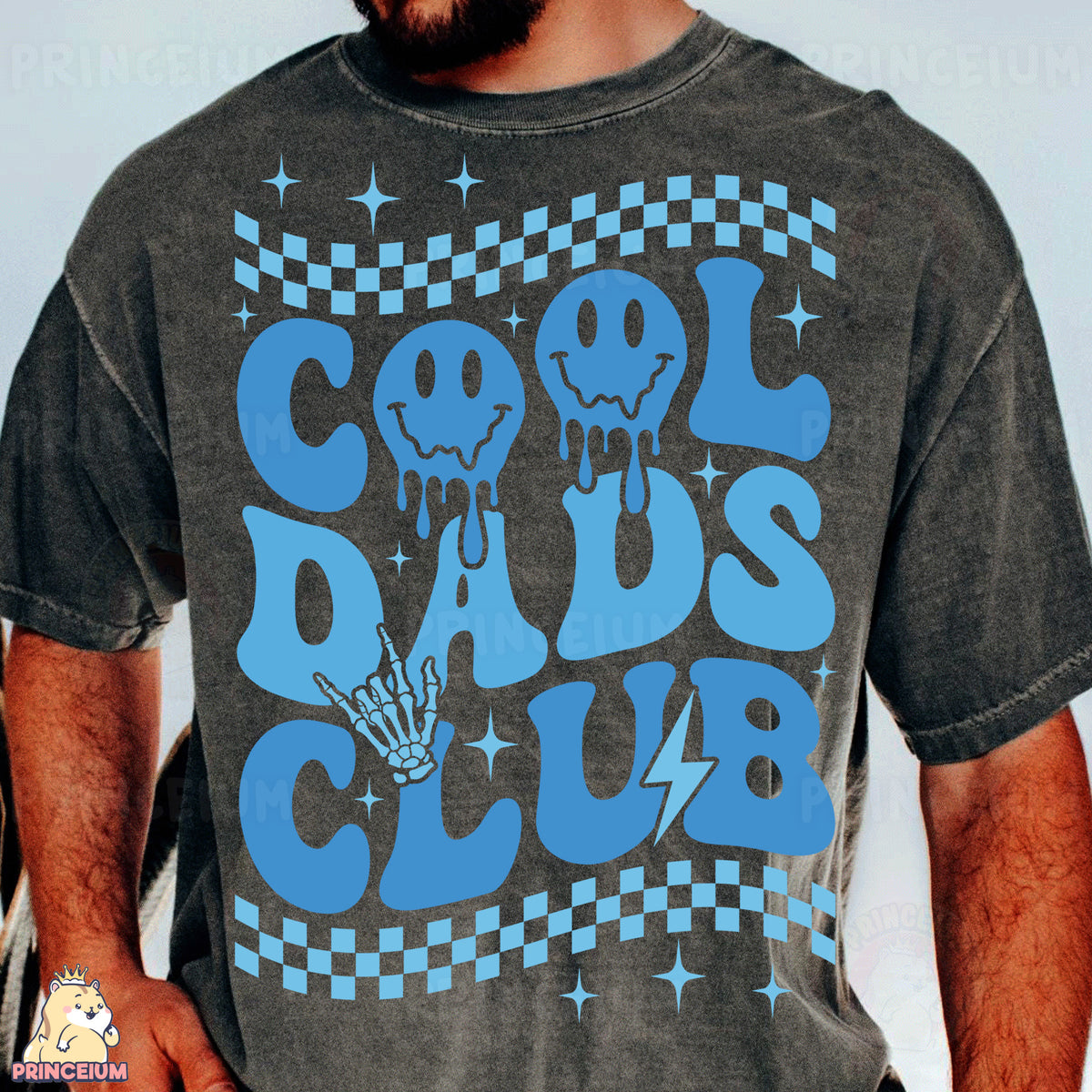 a man wearing a black shirt with blue writing on it