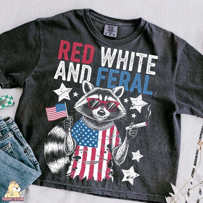 a t - shirt with a raccoon and american flag on it