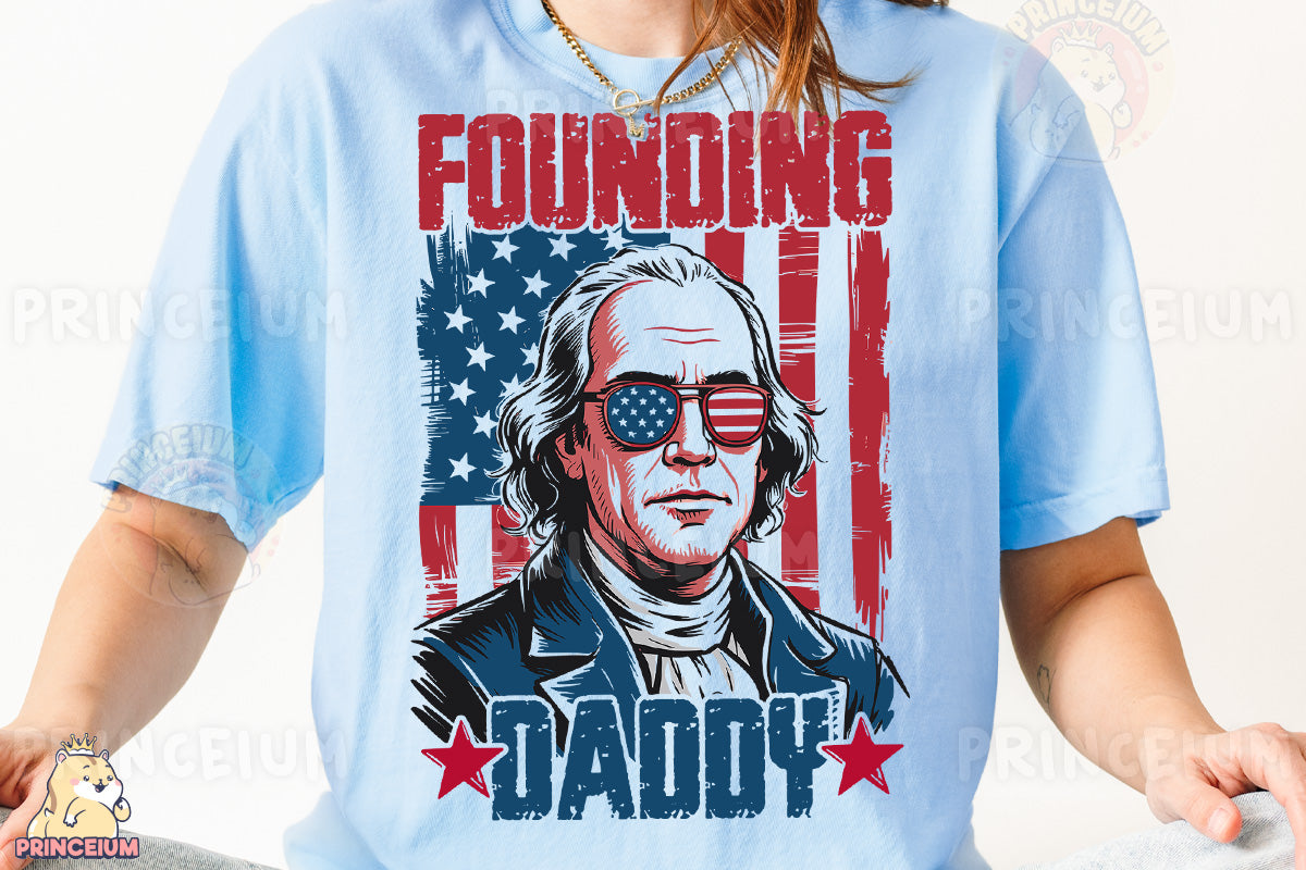a woman wearing a blue shirt with an image of a man in glasses