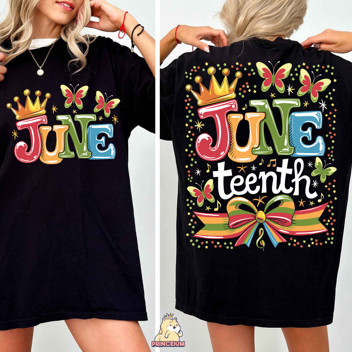 a woman wearing a black shirt with the word june on it