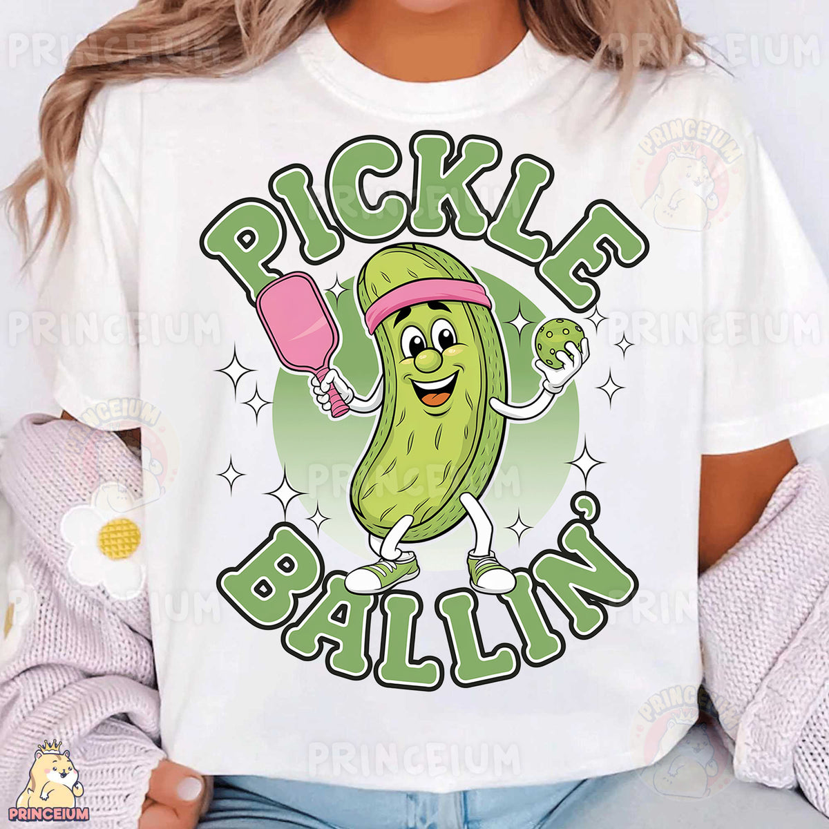 a woman wearing a pickle brain t - shirt