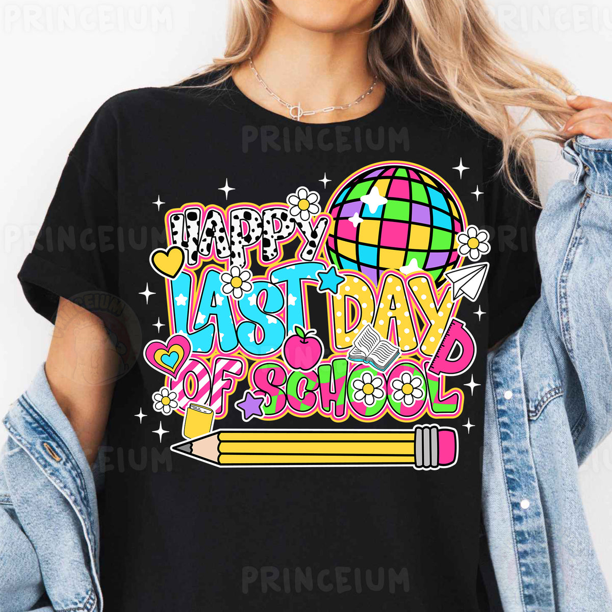 a woman wearing a black t - shirt that says just day of school