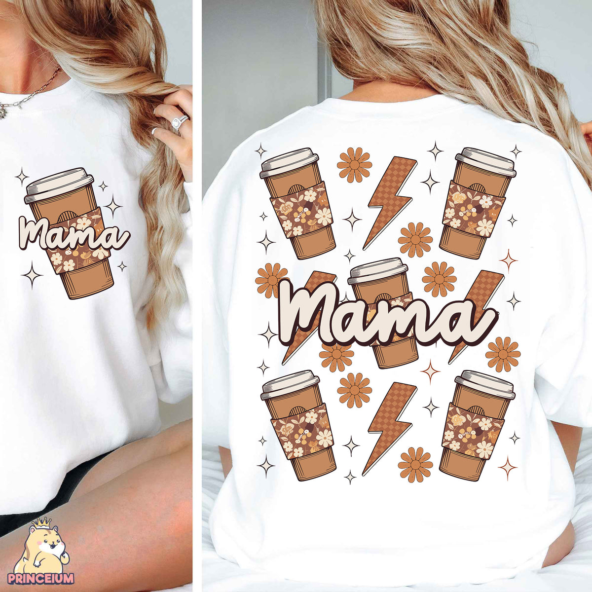 a woman wearing a white shirt with a picture of a cup of coffee on it