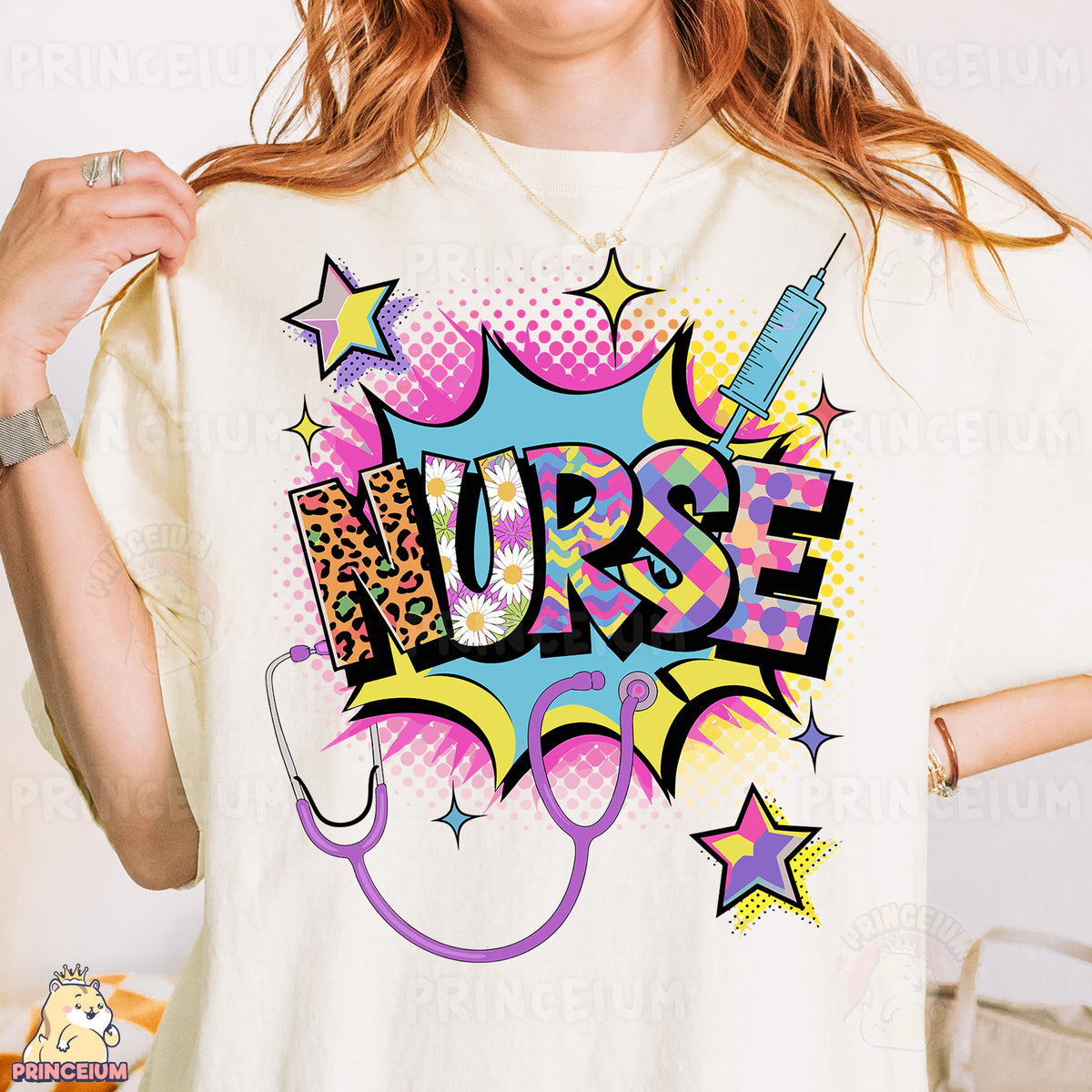 a woman wearing a t - shirt that says nurse