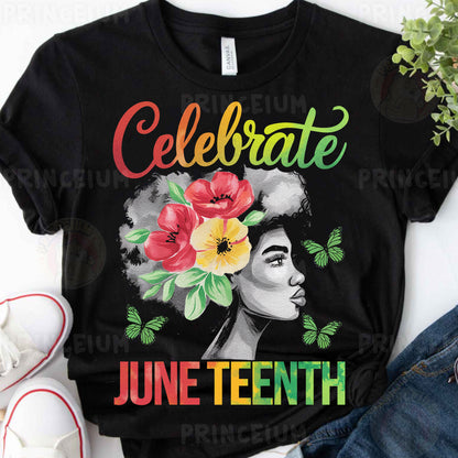 a t - shirt with a picture of a woman with flowers on it
