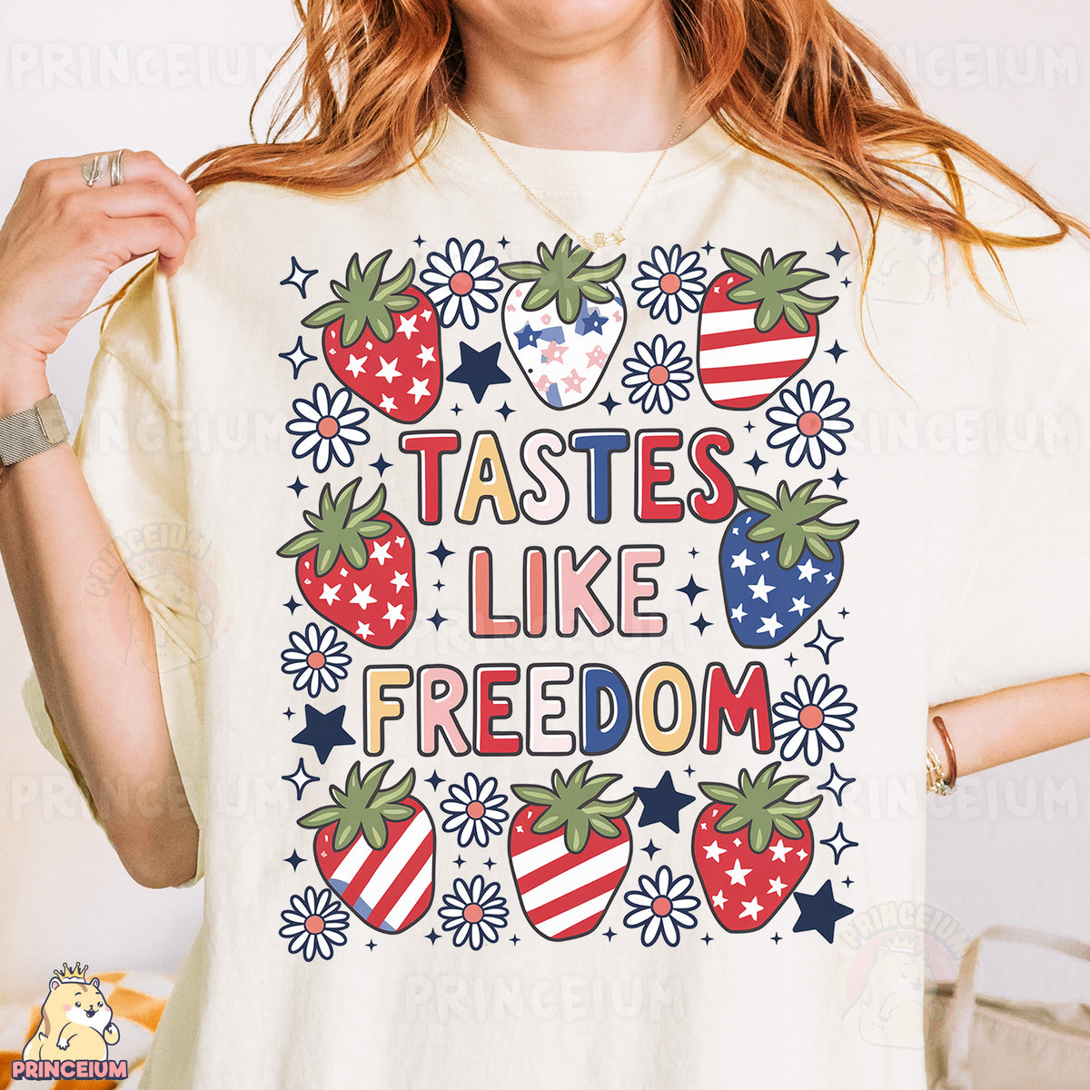 a woman wearing a t - shirt that says tastes like freedom