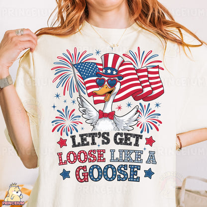 a woman wearing a t - shirt that says let's get loose like a