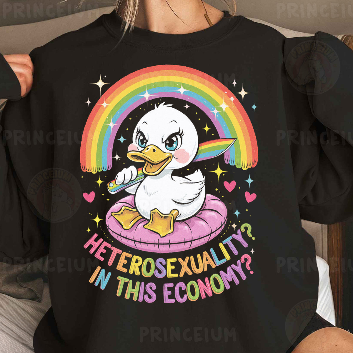 a woman wearing a black shirt with a duck on it