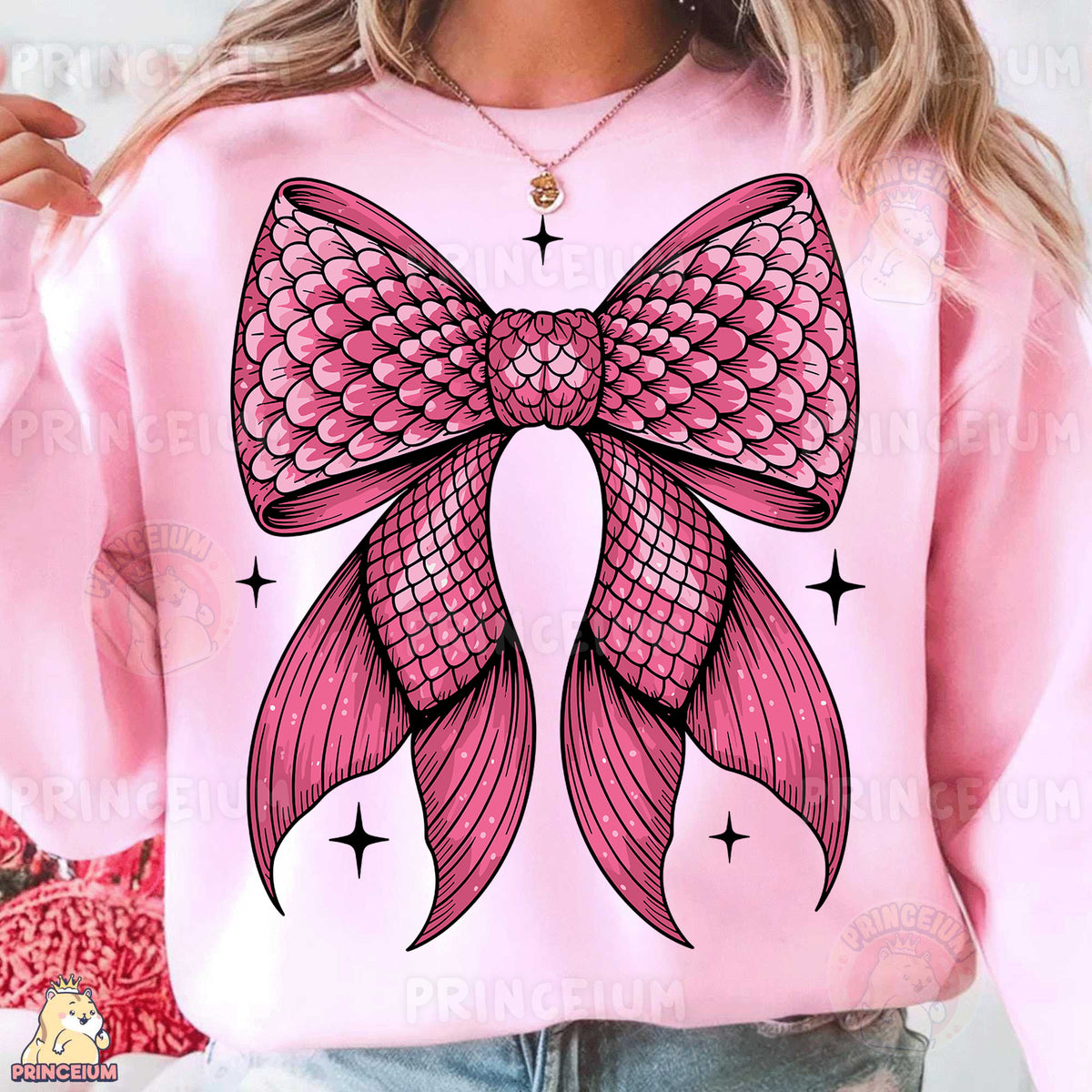 a woman wearing a pink sweater with a pink bow on it