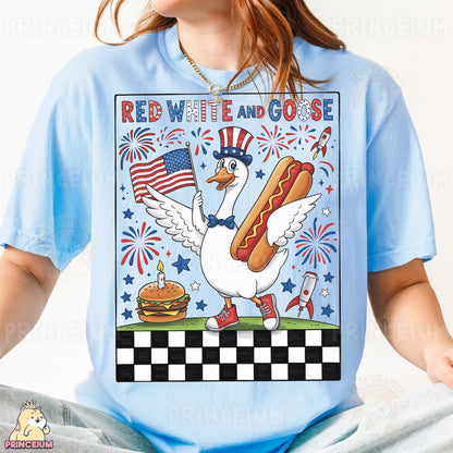 a woman wearing a red, white and blue t - shirt with a hot dog